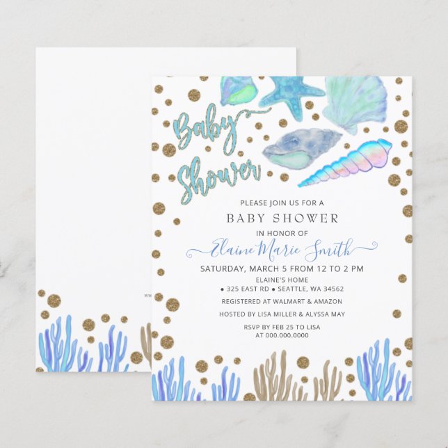 Budget Blue Seashells Beach Baby Showeinladung (Vorne/Hinten)