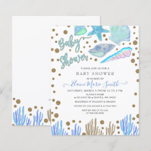 Budget Blue Seashells Beach Baby Showeinladung