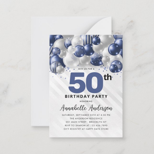 Budget Blue Silver Ballon Glitzer 50. Geburtstag Mitteilungskarte (Vorderseite)