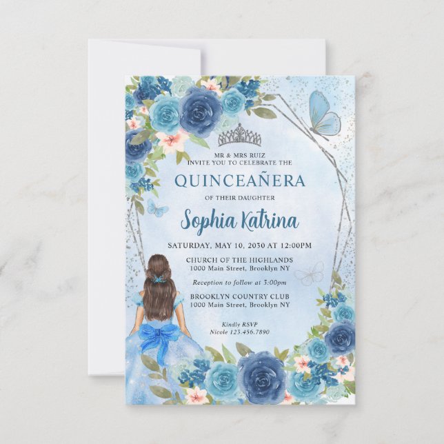 Budget Blue Silver Blumenprinzessin Quinceañera Mitteilungskarte (Vorderseite)