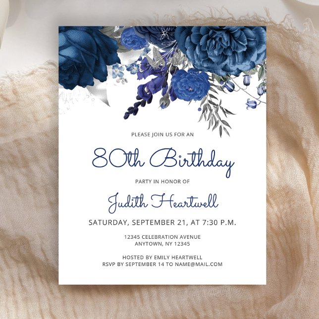 Budget Blue Silver Floral 80. Geburtstag Einladung (Von Creator hochgeladen)