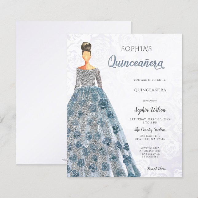 Budget Blue Sparkle Dress Quinceanera Einladung (Vorne/Hinten)