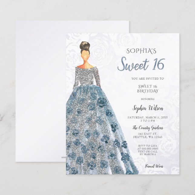 Budget Blue Sparkle Dress Sweet 16 Einladung (Vorne/Hinten)