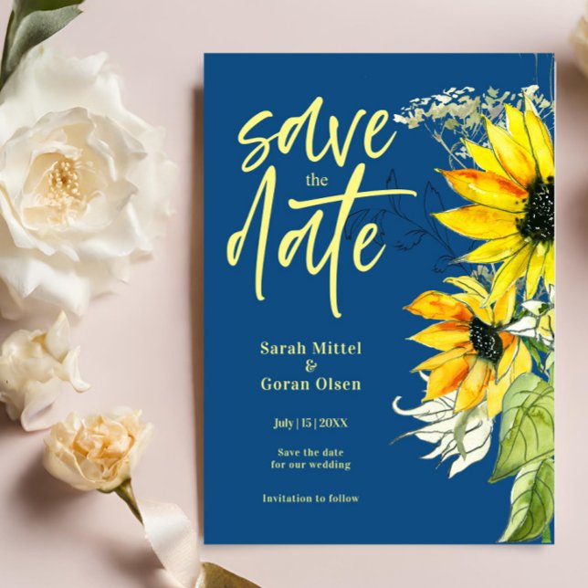 Budget Blue Sunflower Save the Date Einladung (Von Creator hochgeladen)
