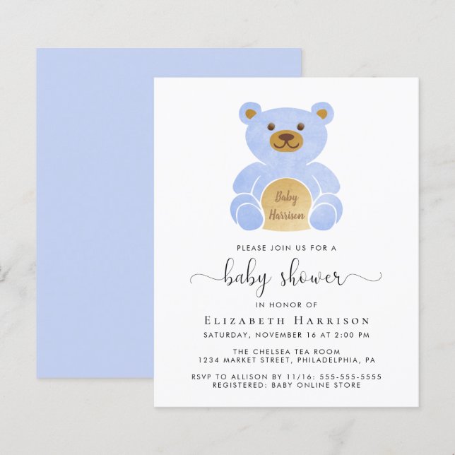 Budget Blue Teddy Bear Baby Boy Dusche Einladung (Vorne/Hinten)