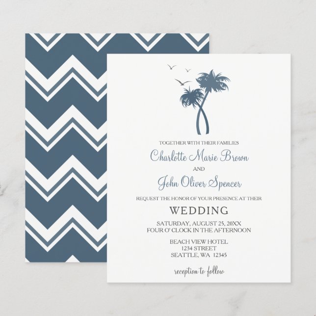 Budget Blue Tropical Palm Tree Hochzeiten Einladun (Vorne/Hinten)