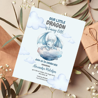 Budget Blue Watercolor Dragon Baby 1. Geburtstag