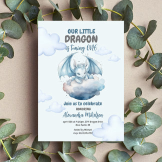 Budget Blue Watercolor Dragon Baby 1. Geburtstag Flyer