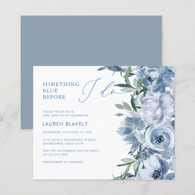 Budget Blue Watercolor Floral Brautparty Einladung (Vorne/Hinten)