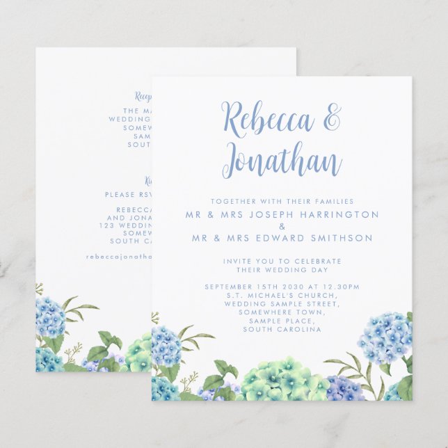 Budget Blue Watercolor Floral Wedding Einladung (Vorne/Hinten)