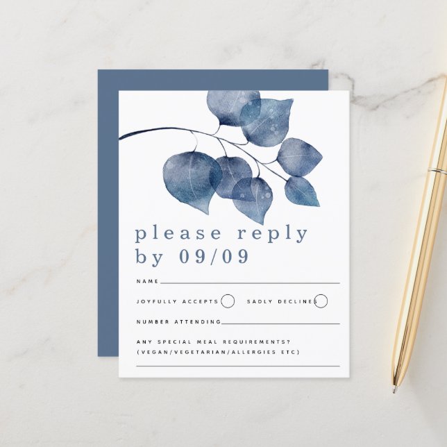 Budget Blue Watercolor Foliage Wedding RSVP (Vorderseite/Rückseite Beispiel)