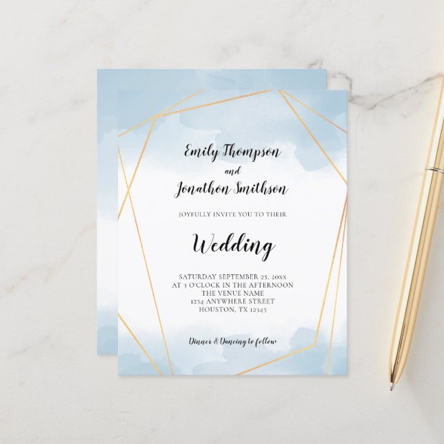 Budget Blue Watercolor Gold Geometric Wedding (Vorderseite/Rückseite Beispiel)