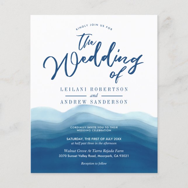 Budget Blue Watercolor Wave Wedding Einladung (Vorderseite)