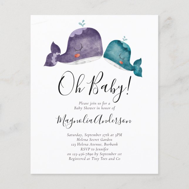 BUDGET Blue Whale Oh Baby Dusche Einladung (Vorderseite)
