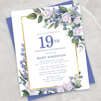 Budget Blue White Floral 19. Geburtstag Einladung