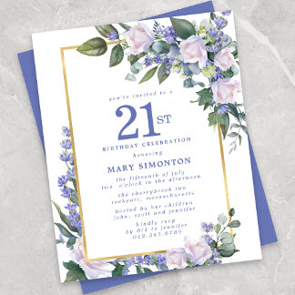 Budget Blue White Floral 21. Geburtstag Einladung