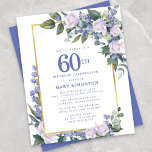 Budget Blue White Floral 60. Geburtstag Einladung<br><div class="desc">Hübsche Aquarellrosen und blaue Blumen sind in dunkelgrünen Blätter auf einem goldenen Rahmen eingebettet.</div>