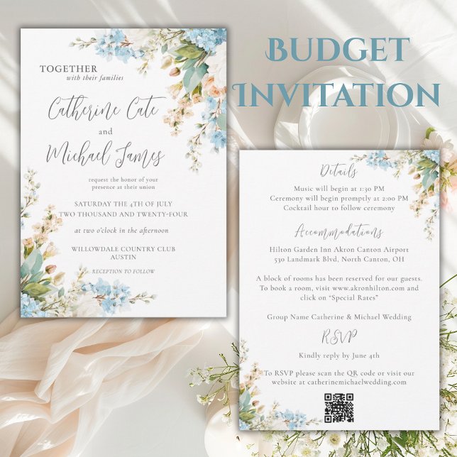 Budget Blue & White Floral Elegant Wedding Einladung (Von Creator hochgeladen)