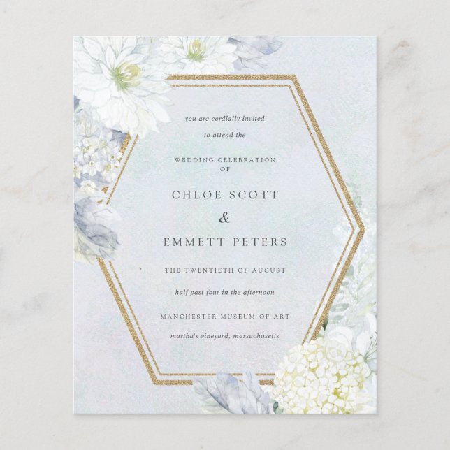 Budget Blue White Floral Wedding Einladung (Vorderseite)