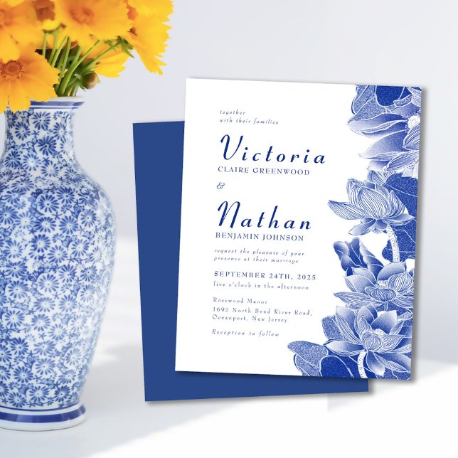 Budget Blue White Foto Floral Wedite Einladung (Von Creator hochgeladen)