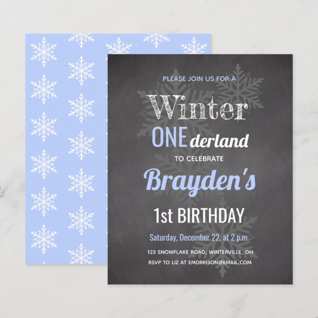 Budget Blue Winter Onederland Einladung zum 1. Geb (Vorne/Hinten)