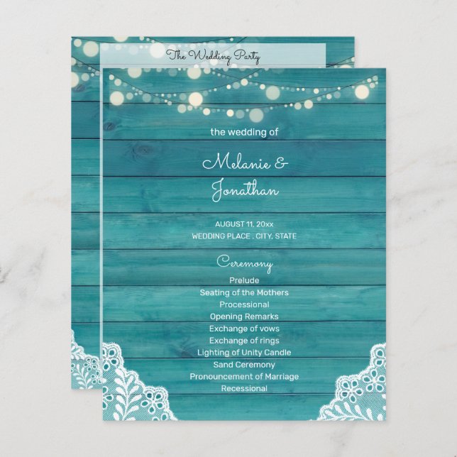 Budget Blue Wood, Lights, Lace Wedding Programm (Vorne/Hinten)