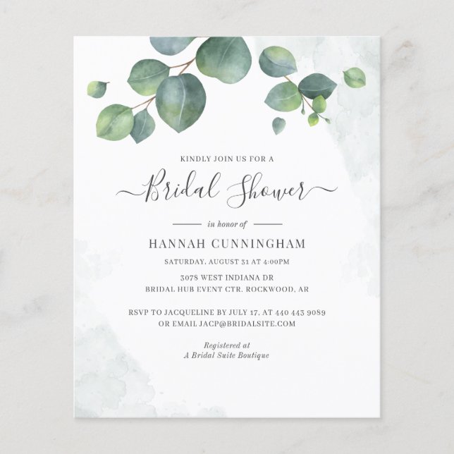 Budget-Blumen-Eukalyptus-Script-Brautparty (Vorderseite)