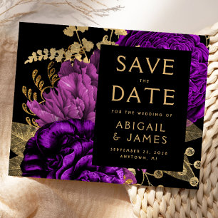 Budget-Blumen-Hochzeit Purpur Gold Save-the-Date