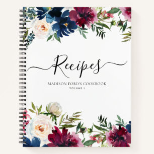 Budget-Blumen Navy Blau Burgunder Wasserfarben Rez Notizbuch