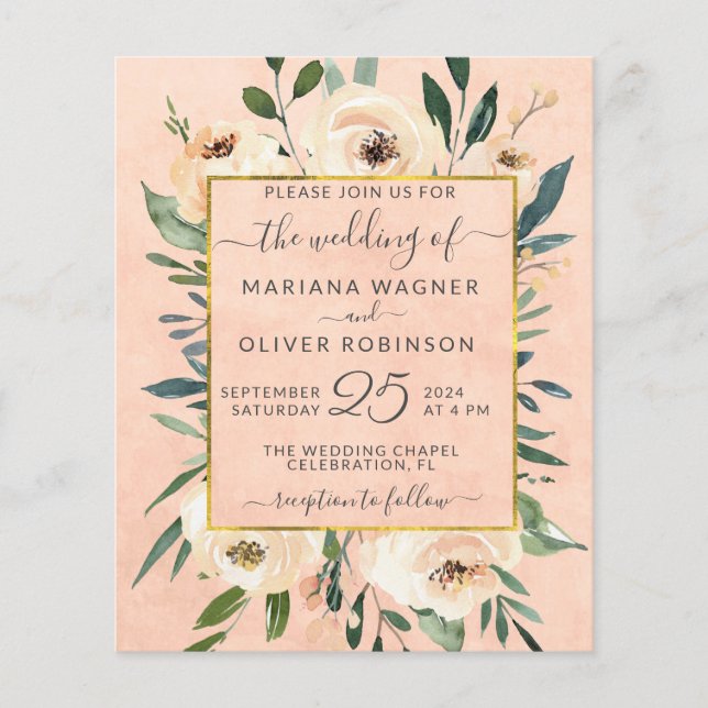 Budget Blumenbeige Gold Rosa Hochzeit Einladung Flyer (Vorne)