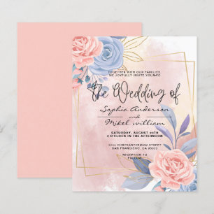 Budget Blumenblauer & rosa Brush Hochzeit Einladun