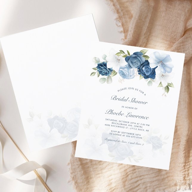 Budget Blumendusche Einladung (Dusty Blue Floral Watercolor Script Bridal Shower Budget Invitation)