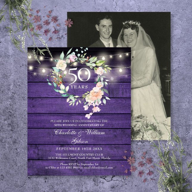 Budget Blumenholz 50 Jahre Foto Einladung (Budget Floral Wood 50th Anniversary Photo Invite)