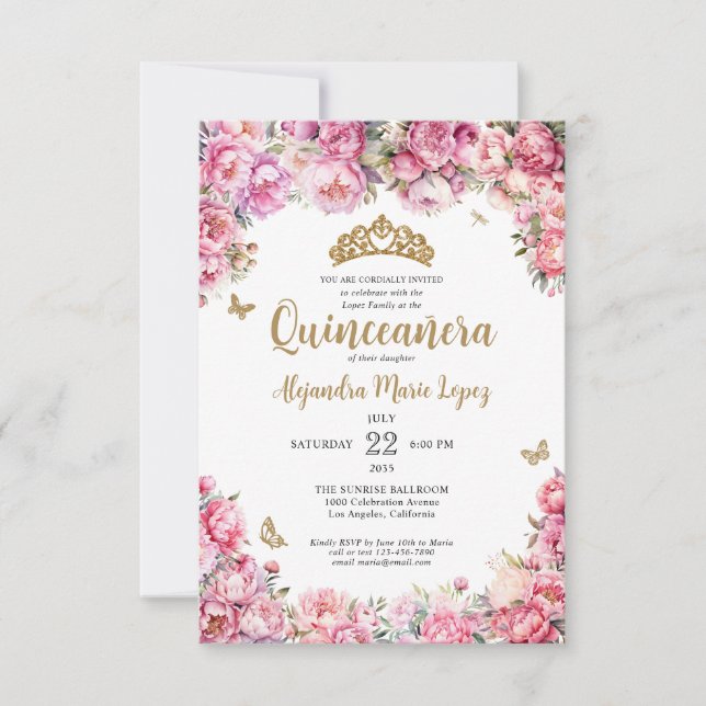 Budget Blumenrosa Glitzer Tiara Quinceañera Mitteilungskarte (Vorderseite)