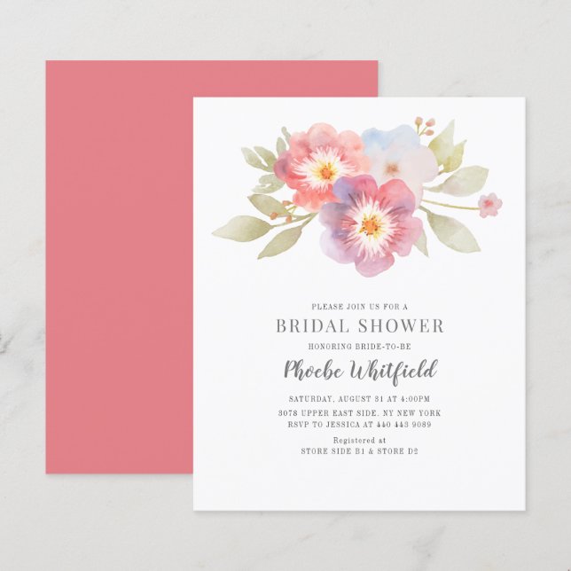 Budget Blumenrosa Lila Brautparty Einladung (Vorne/Hinten)
