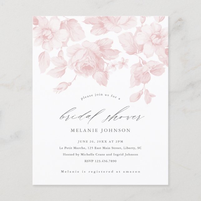 Budget Blumenschrift Rosa Bridal Dusche Einladung (Vorderseite)