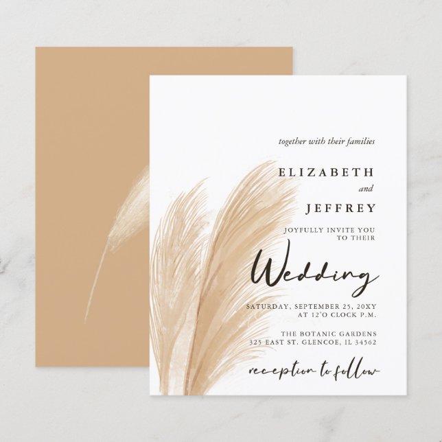 Budget Blush Boho Pampas Hochzeitseinladung (Vorne/Hinten)