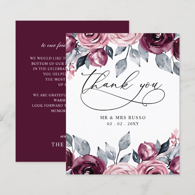Budget Blush Burgundy Wedding Thank You Card (Vorne/Hinten)