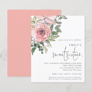 Budget Blush Florals Sweet 16 Einladung