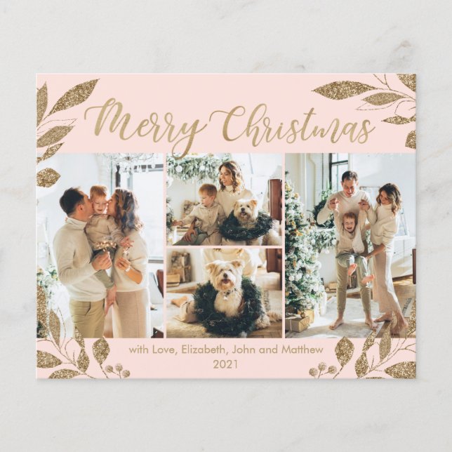 Budget Blush Gold Blätter Foto Weihnachtskarte (Vorderseite)