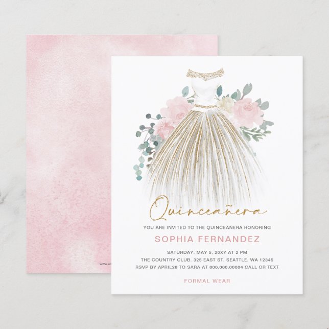 Budget Blush Gold Glitzer Dress Quinceañera Einlad (Vorne/Hinten)