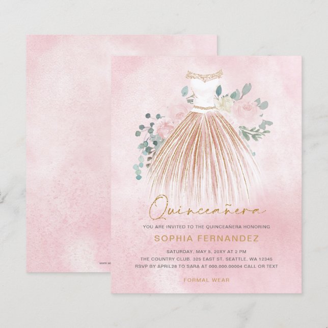 Budget Blush Gold Glitzer Dress Quinceañera Einlad (Vorne/Hinten)