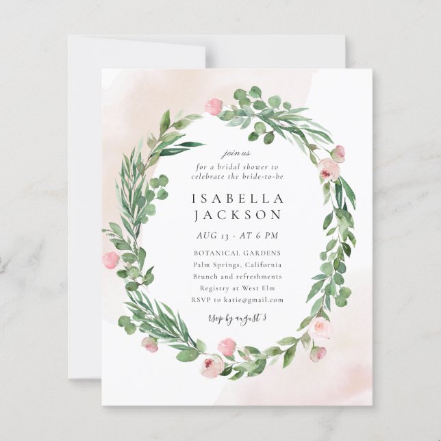 Budget Blush Green Foliage Brautparty Einladung (Vorderseite)