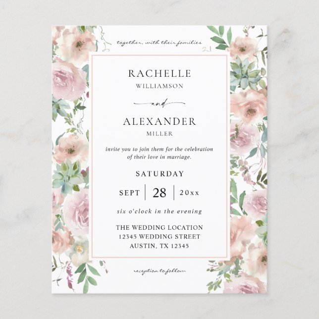 Budget Blush Pink Floral & Sukkulent Hochzeit 2 Flyer (Vorne)