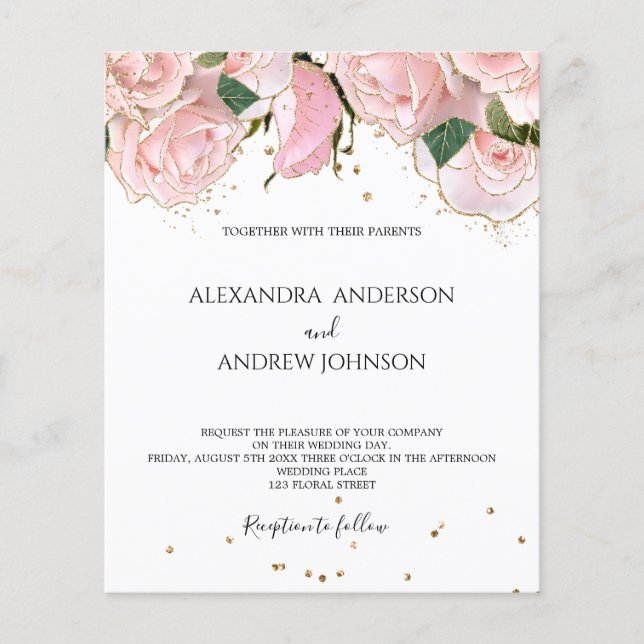 Budget Blush Pink Gold Floral Wedding Invitation (Vorderseite)