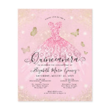 Budget Blush Pink Gold Gown Quinceanera Einladung