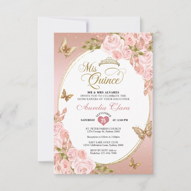 BUDGET Blush Pink Gold Schmetterling Mis Quince Mitteilungskarte (Vorderseite)