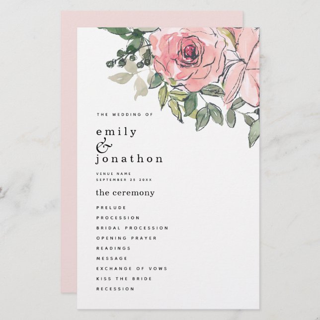 BUDGET Blush rose Florals Programme de mariage (Devant / Derrière)