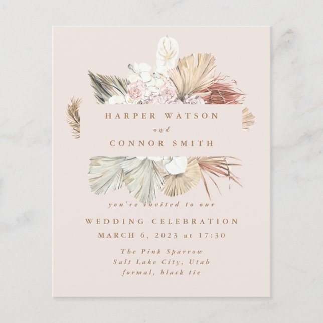 Budget Blush Wreath Pampas Grass Floral Wedding Flyer (Vorne)