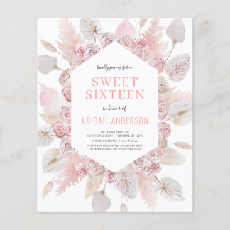 Budget Boho 16 . Geburtstag Moderne Blush Einladun Flyer